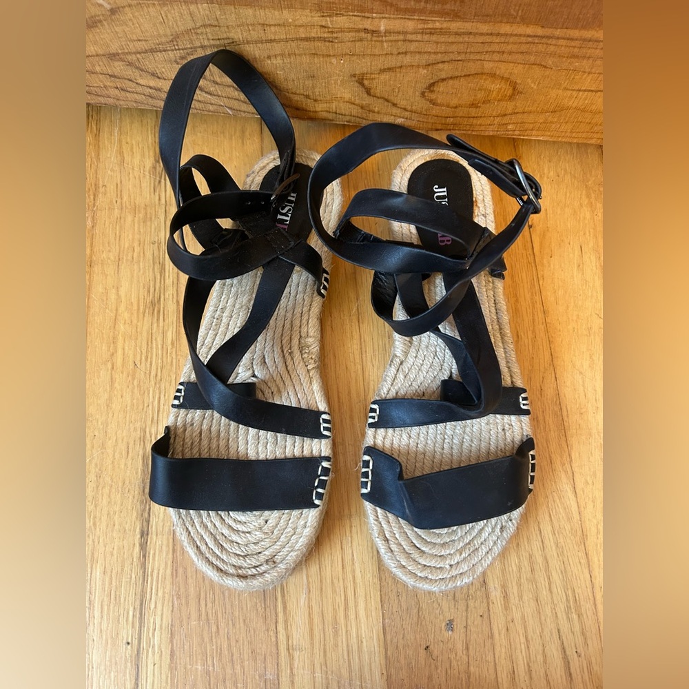 JustFab Laston Espadrille Flat Women’s Boho Black Strappy Sandals Size 8